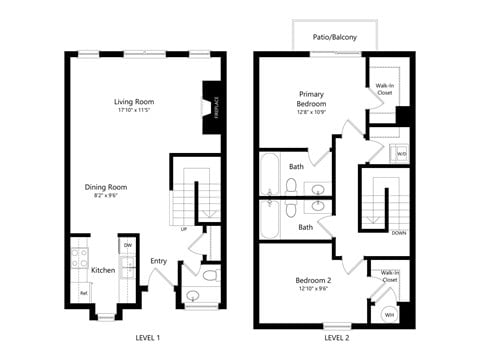 Floor plan for 2 beds, 2 baths, 1212 sqft